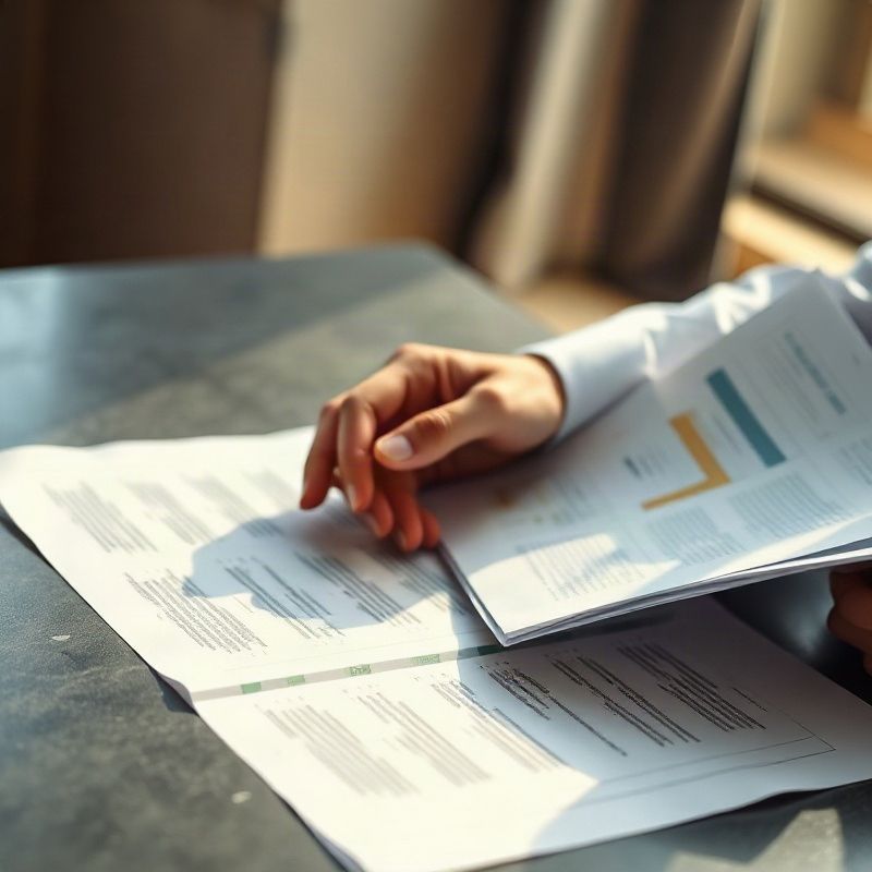 Hands reviewing international banking documents on a slate-coloured desk