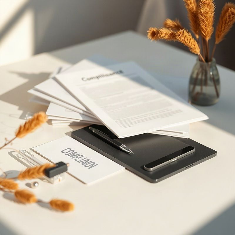 Organised compliance files and a tablet on a slate surface