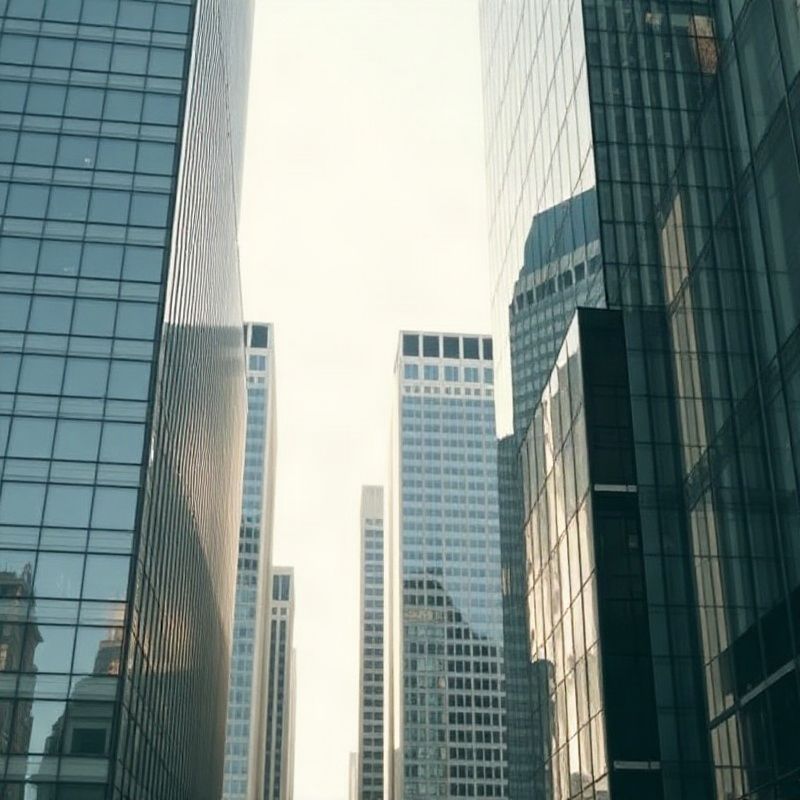 Glass-facade international financial district in slate tones