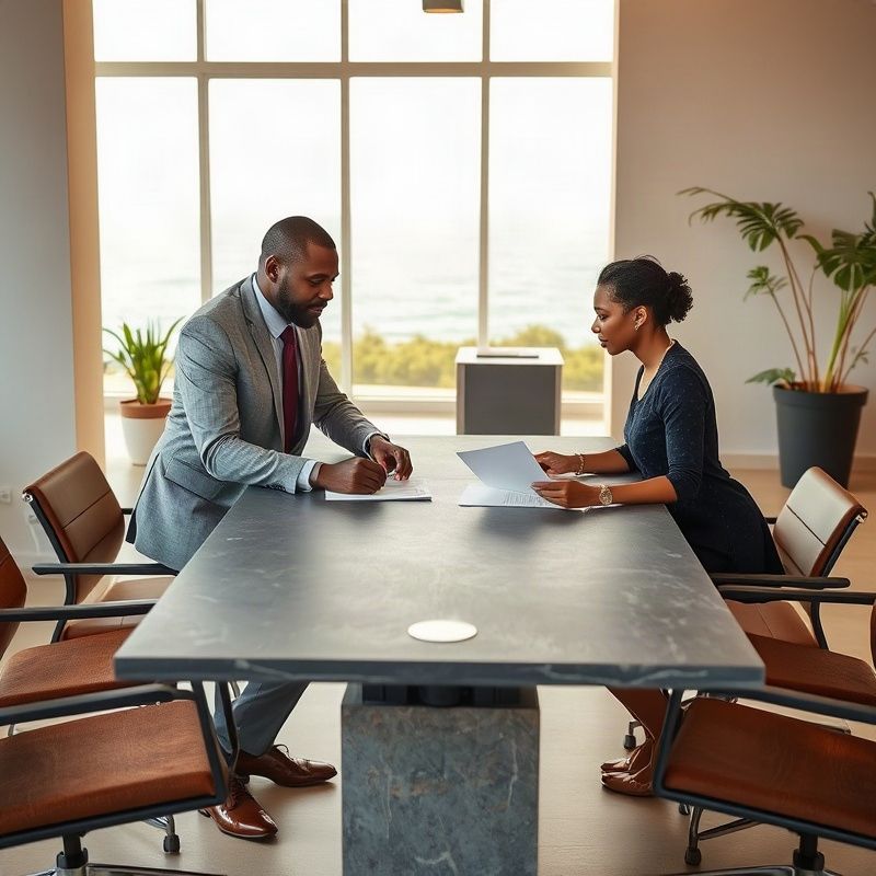 Two professionals in a Mombasa office discussing documents